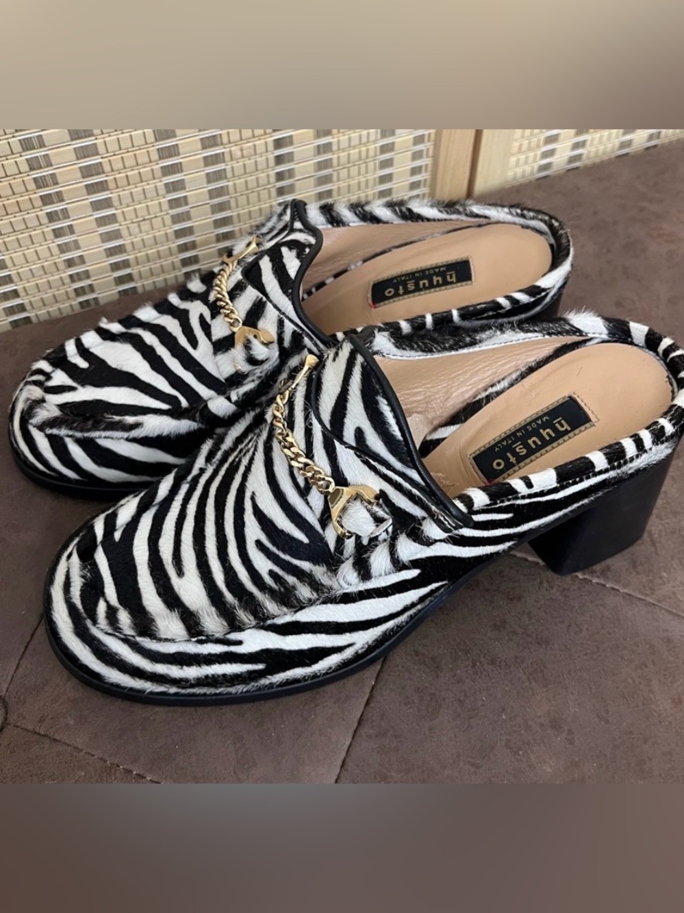 Hyusto zebra-print Janet pony hair loafers with gold horse-bit chain 9